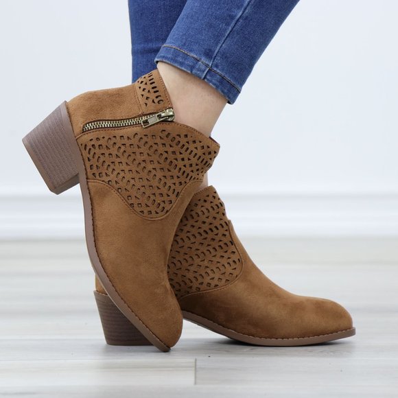 Tan Round Toe Low Heel Ankle Boots Faux Suede Lacer Cut Design - Picture 5 of 12